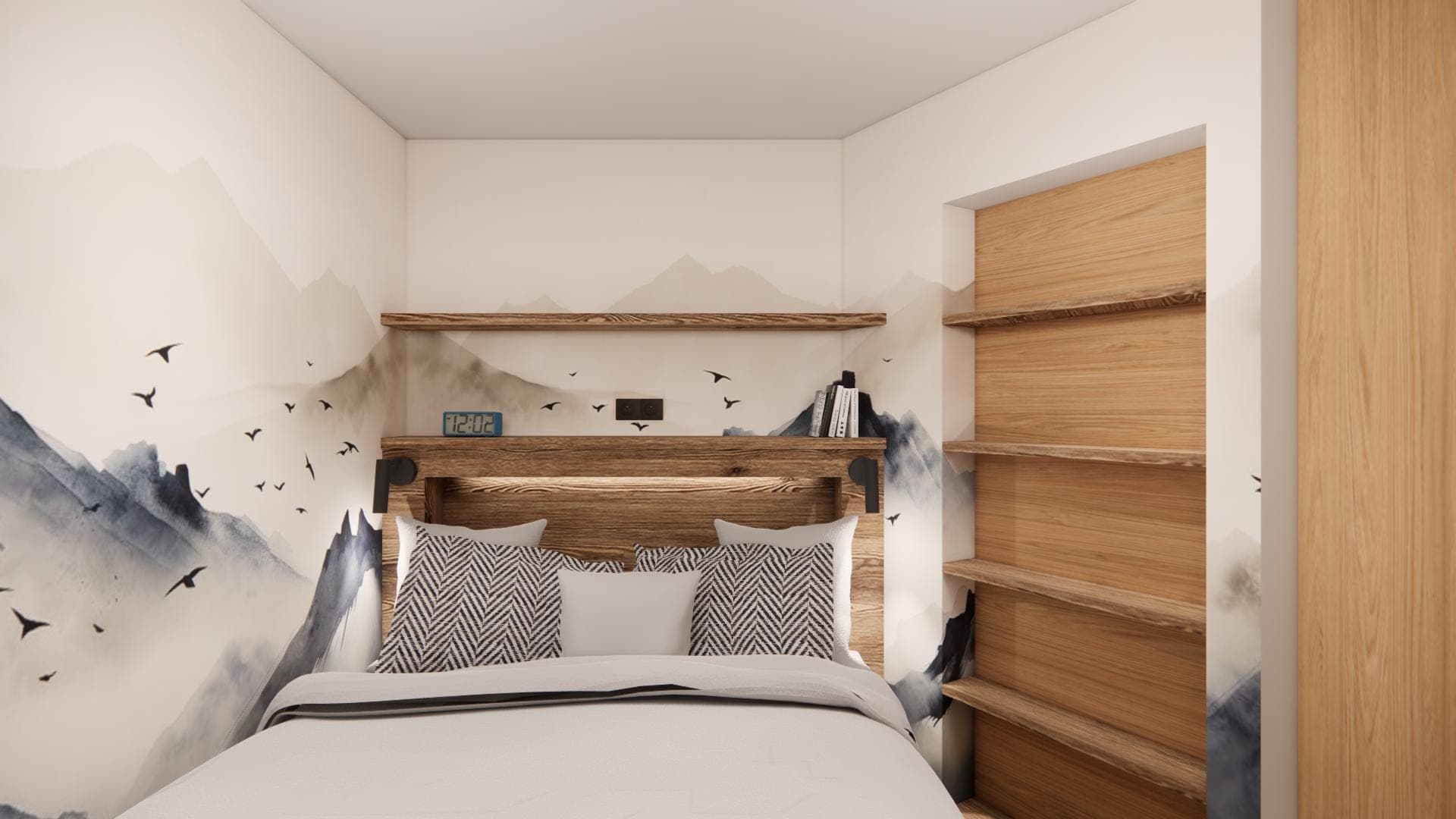 Schlafzimmer mit Bergfresko und Holzkopfteil