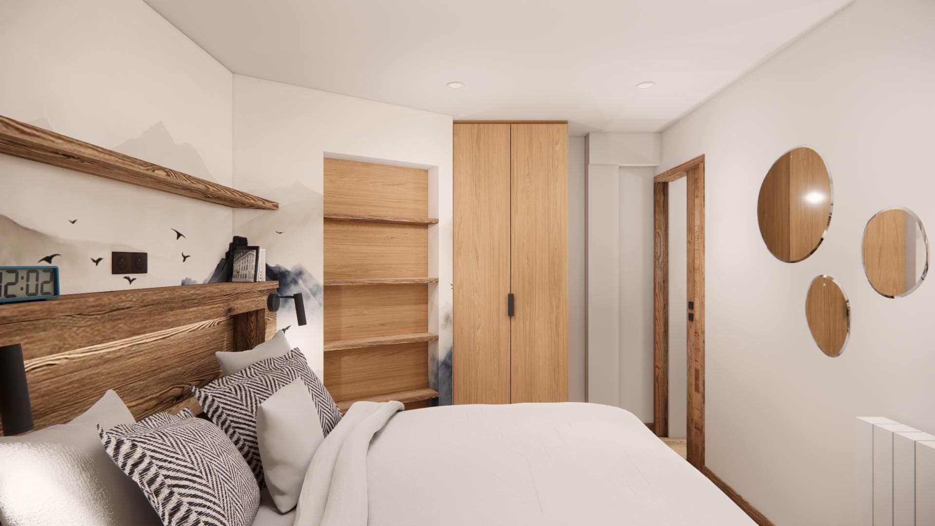 Schlafzimmer mit Bergfresko und Holzkopfteil