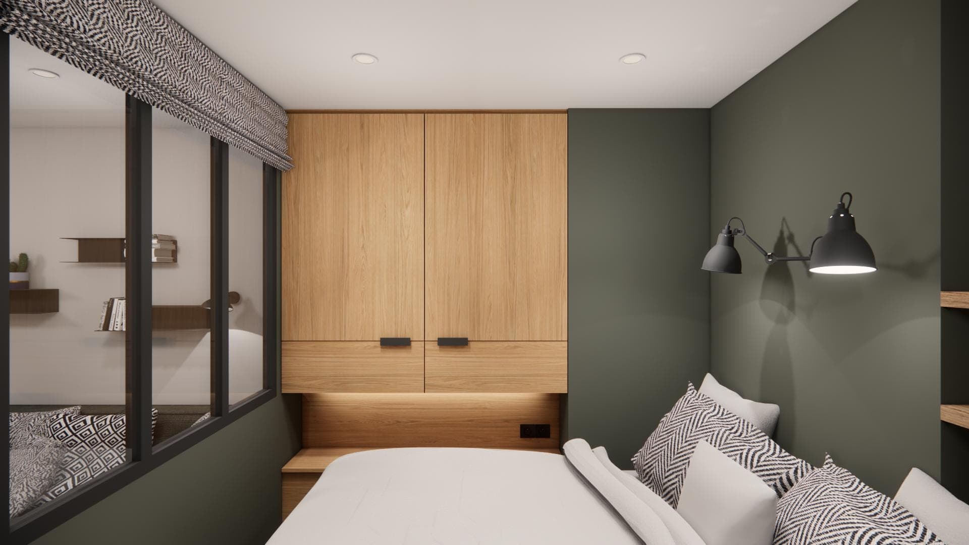 Grünes Schlafzimmer mit Innenverglasung