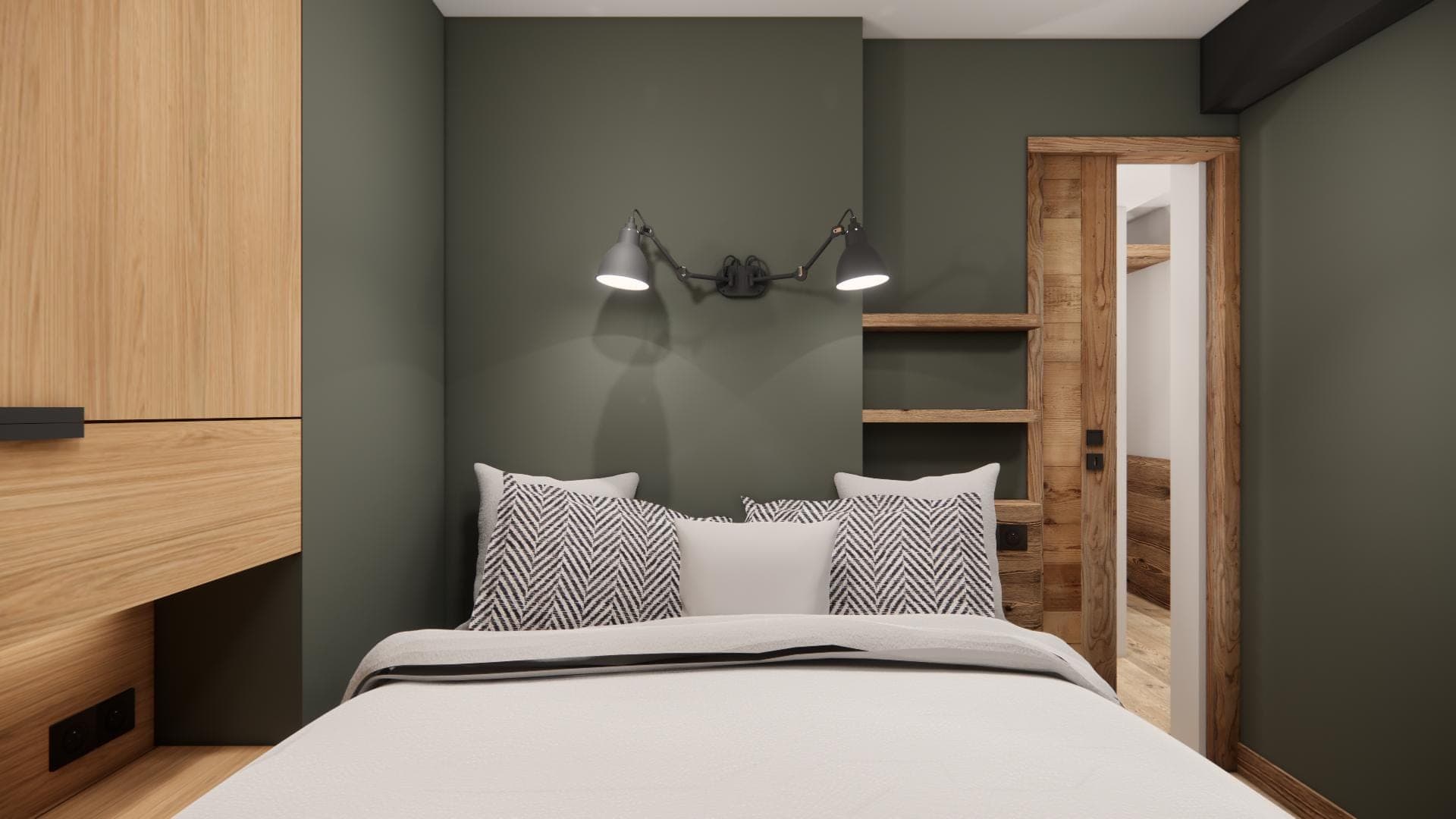 Grünes Schlafzimmer mit Innenverglasung