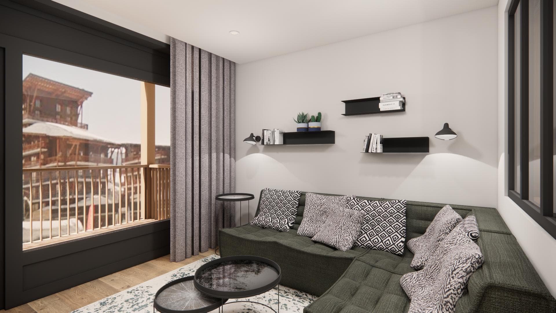 Wohnzimmer mit Ecksofa und Blick auf die Pisten